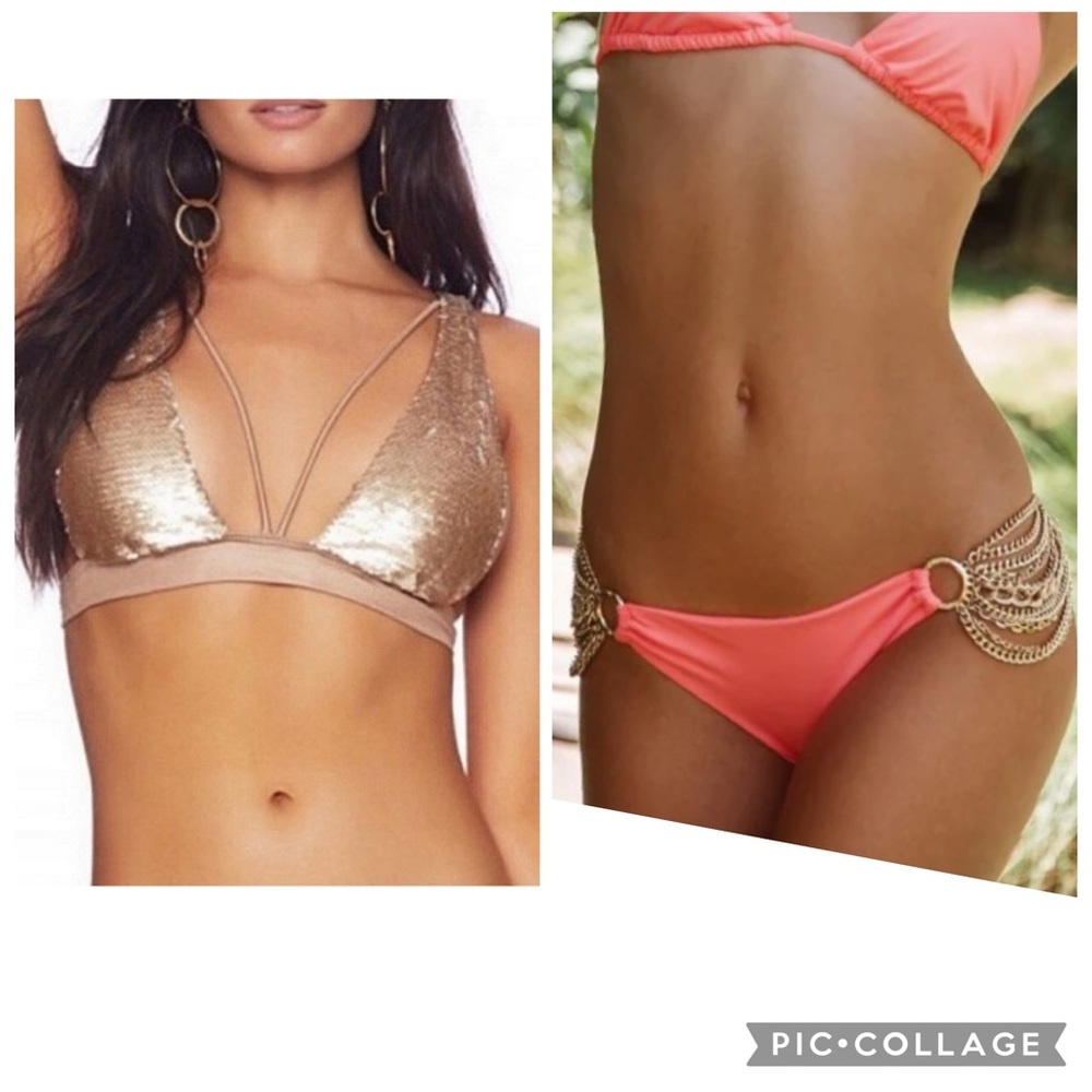 Beach Bunny Siren Song High Apex Gold Bikini Top L Coral Ball & Chain Bottom XL